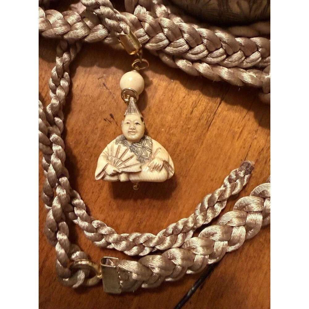 Vintage Japanese Netsuke Man Holding Fan Signed Very Long Cord Braided